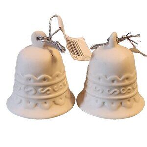 2 Vintage Off White Christmas Bell Ornaments Porcelain Holiday Cream 2" NEW